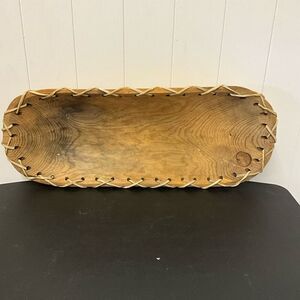 Vintage Handmade Carved Wooden Birch Bark Accent Bowl Tray Brown Lace Up Design